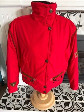 VINTAGE 80s Obermeyer Red Cropper Puffer Ski Jacket with High Collar Embroidered
